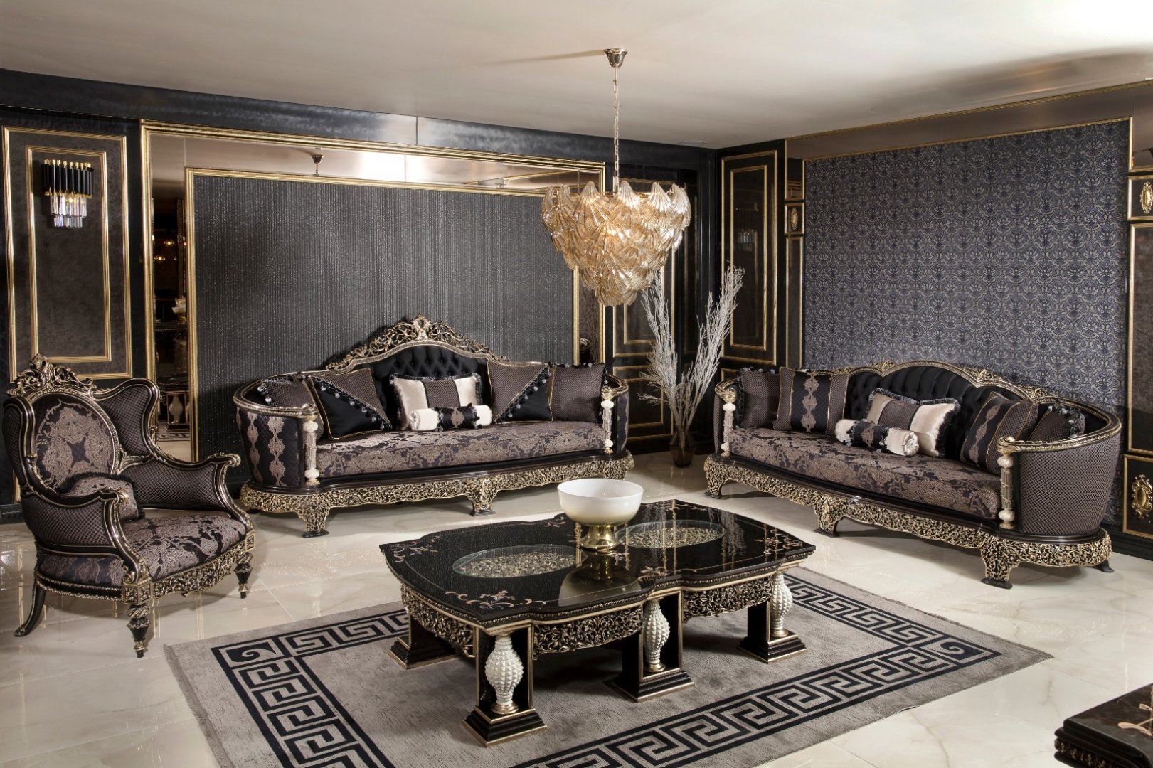 Monaco Black Classic Sofa Set